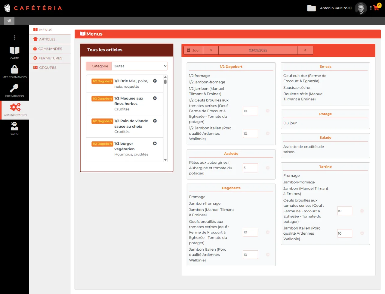 Cafétéria : Gestion des menus