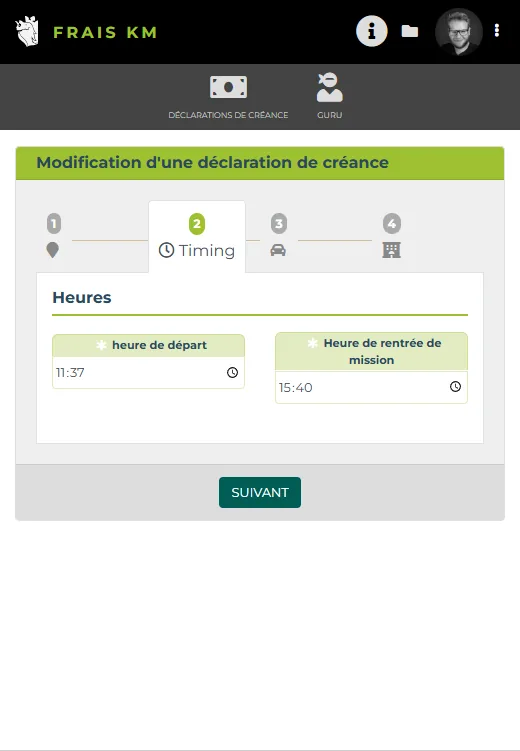 Frais km : Modification, étape Timing