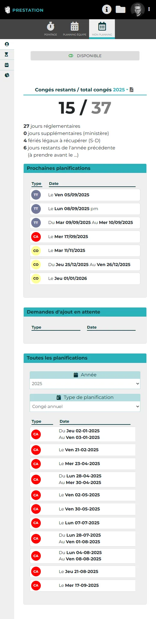 Prestation : Mon planning
