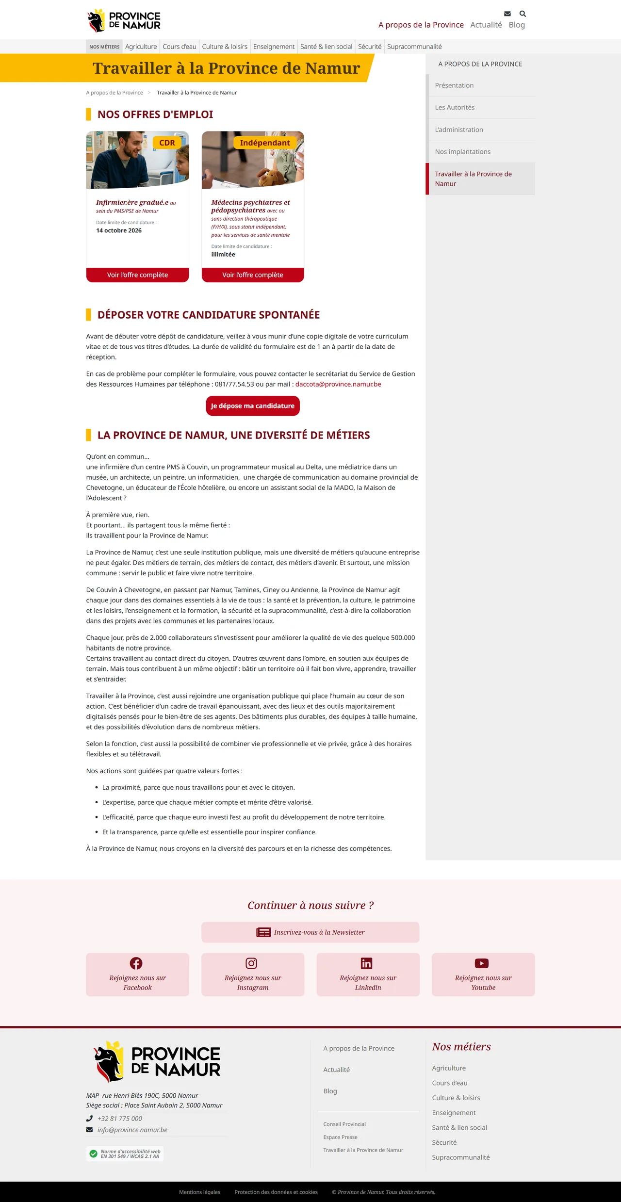 Province de Namur : Travailler à la Province
